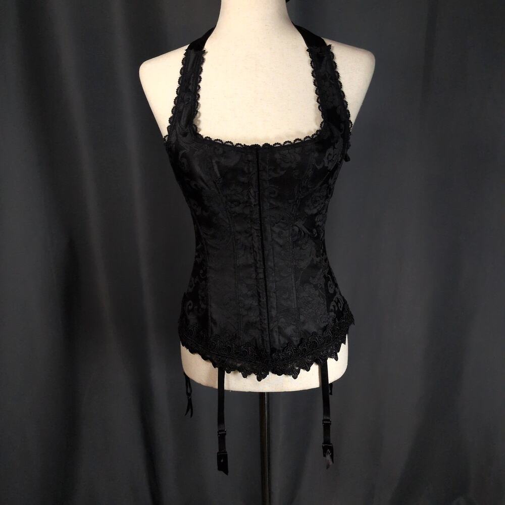 Frederick's of Hollywood Black Tie Back Halter Corset Top Lace Damask Size 32